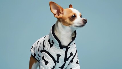 A charming and fashionable small dog, possibly a Chihuahua mix, elegantly poses in a stylish quilted jacket adorned with a playful bone pattern against a tranquil light blue studio backdrop - Powered by Adobe