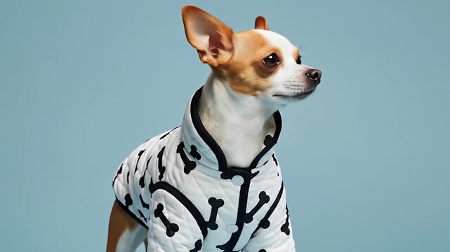 A charming and fashionable small dog, possibly a Chihuahua mix, elegantly poses in a stylish quilted jacket adorned with a playful bone pattern against a tranquil light blue studio backdrop