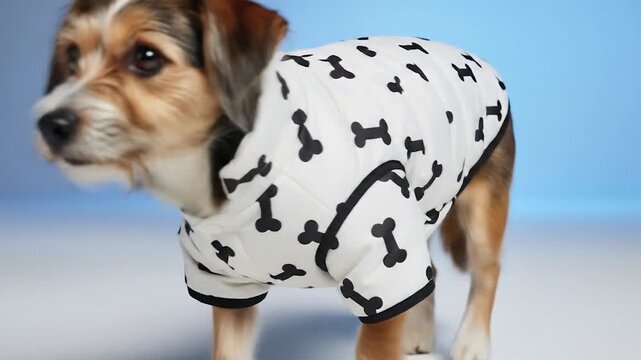 Adorable small dog modeling a stylish white shirt adorned with playful black bone designs against a soft blue background, showcasing pet fashion