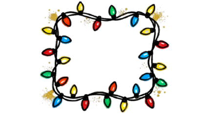 Hand-drawn square Christmas lights frame with bright colors, bold black outline, and gold accents on a white background
