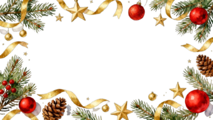 Christmas photo frame with gold elements and red ornaments, pine branches, stars, ribbons, and balls, high-detail illustrative 3D style on transparent background
