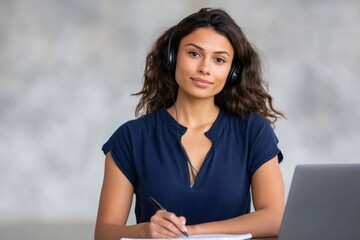 Young woman learning online wearing headphones writing notes
