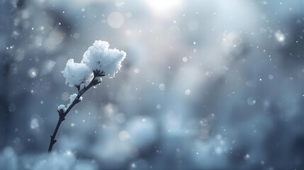 Ethereal Winter Morning: Snow-Covered Twig Against Bokeh Light Background