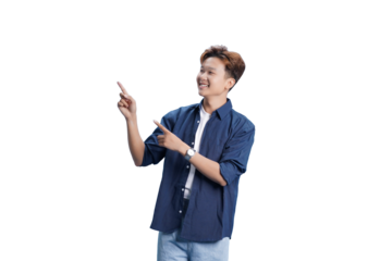 Pointing with a Smile: A vibrant individual, radiating positivity, points with both hands, inviting viewers to explore the possibilities and embrace new opportunities. 