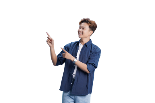 Pointing with a Smile: A vibrant individual, radiating positivity, points with both hands, inviting viewers to explore the possibilities and embrace new opportunities. 