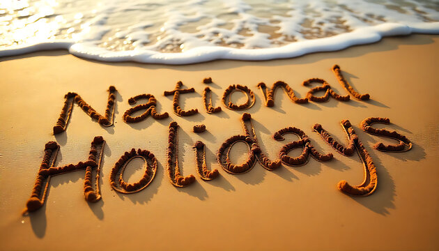 3d national holidays message written in sand on a beach with ocean waves nearby  - Powered by Adobe