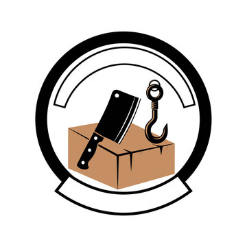A circular emblem with a cleaver on a box, a meat hook, and a circular design