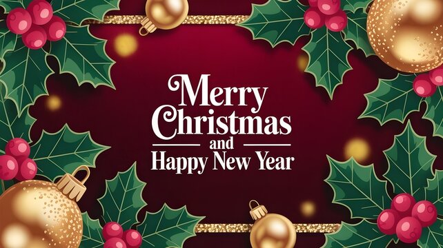 Merry christmas and happy new year greeting with festive holly leaves, red berries, and golden baubles on a dark red background with bokeh lights