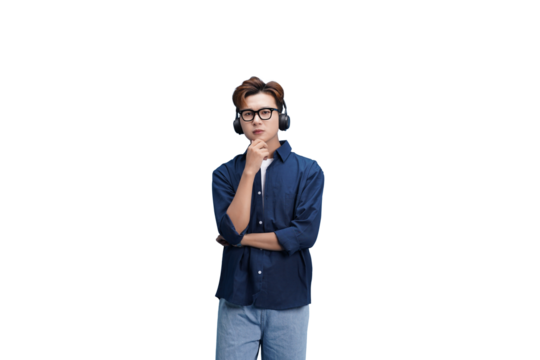 Thinking with Music: A pensive individual in a casual shirt and headphones, lost in thought. A fusion of intellect and entertainment.