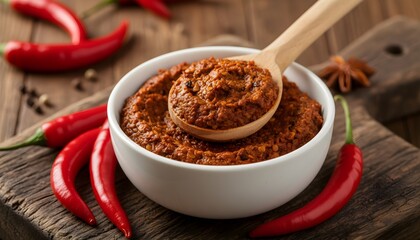Spicy red chili paste in a white bowl with a wooden spoon on a rustic wooden board surrounded by fresh red chilies and star anise
