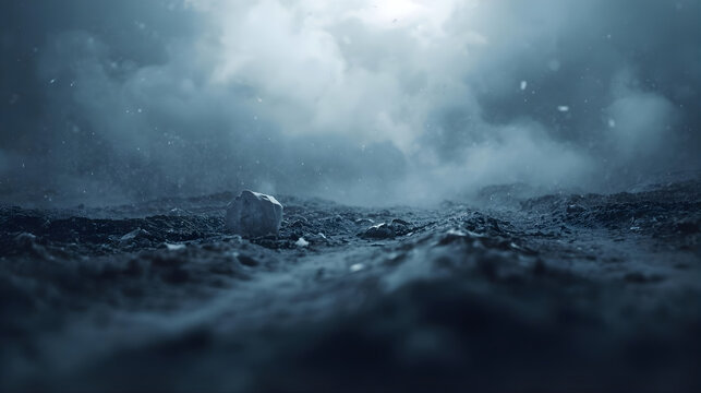 Desolate Rocky Landscape Under Stormy Sky with Cinematic Fog