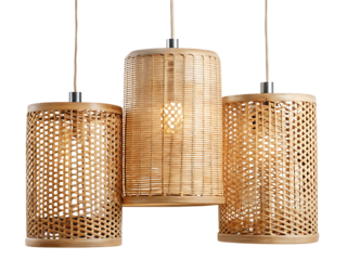 Three woven bamboo pendant lights hanging isolated on white background
