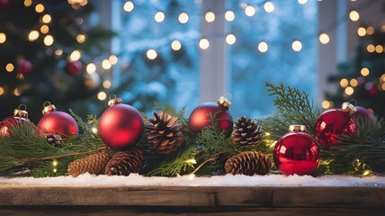 Closeup of a festive christmas arrangement featuring red baubles, pine cones, and evergreen branches on a snowy wooden surface, with blurred festive lights in the background