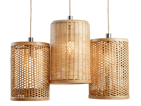 Three woven bamboo pendant lights hanging isolated on white background