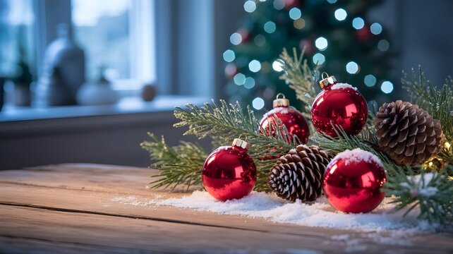 Festive christmas ornaments and pine cones dusted with snow on a wooden table, with a blurred christmas tree and lights in the background