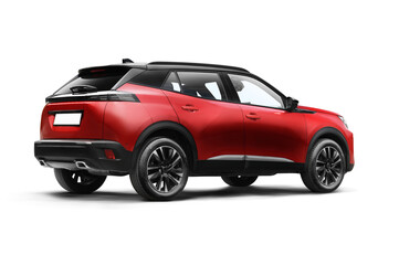 Fototapeta premium Red colored suv car right rear quarter view isolated on transparent background