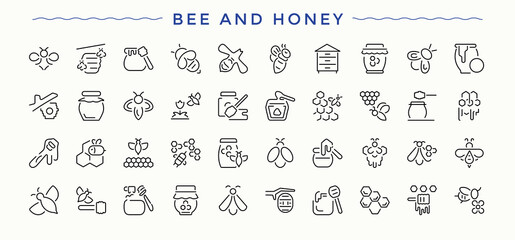 Bee And Honey icon set. Honey icon pack. Includes thin line symbols beeswax, wax, comb, bee, honeycomb, food and more. © Rubbble
