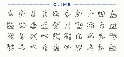 Climbing vector icon set. Set of line pictogram. It contains symbols to camping, adventure, activity, mountain, hiking. Pixel perfect. Vector illustration. Hiking icon set.