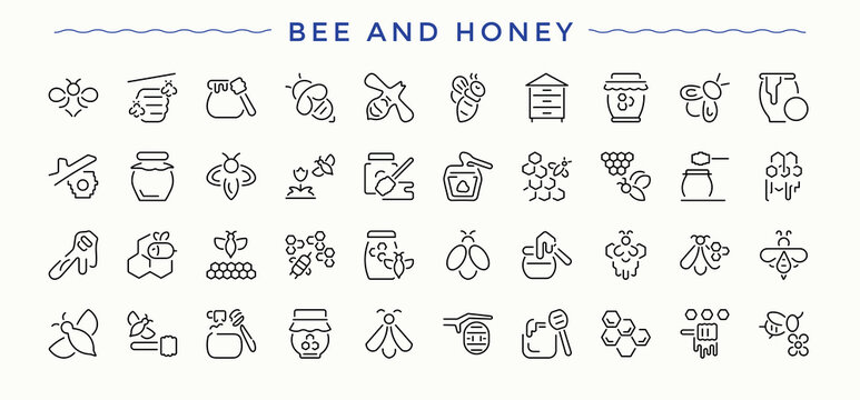 Bee And Honey icon set. Honey icon pack. Includes thin line symbols beeswax, wax, comb, bee, honeycomb, food and more.
