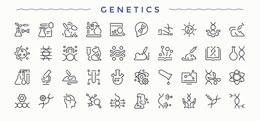 Genetic icon set. Biotech minimalist linear icons. Science icon set. Pixel perfect. Editable stroke.