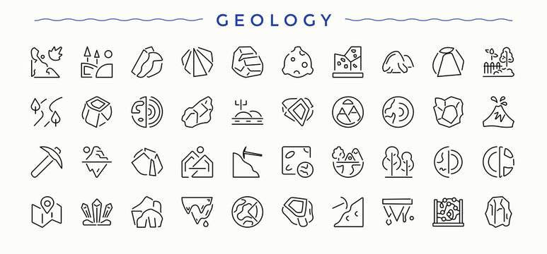 Geology icon set. Mining modern linear icons. Modern linear icons. Geography icon collection. Pictogram and infographic.