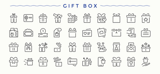 Gift Box icon collection. Contains such symbols as celebrate, gifts, coupon, birthday, ribbon, packaging and more. Present vector icon set. Minimalist icons pack. Editable vector. Pixel perfect.