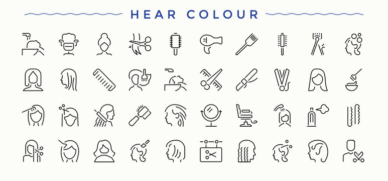 Hair Colour icon set. Featuring colouring, dry, beauty, salon, shampoo and more. Salon icon set. Minimalist icons collection. Vector illustration.