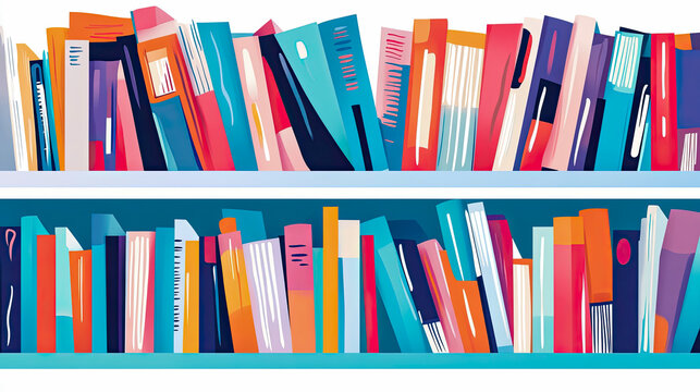Vibrant and abstract digital art illustration of two overflowing bookshelves stacked with colorful collection of diverse books in modern, artistic style - Powered by Adobe