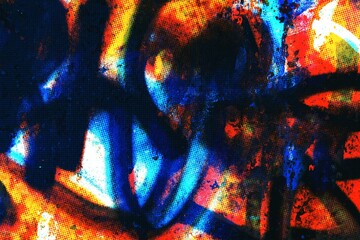 Vibrant graffiti art in neon blue, orange, black. Urban 90s street style, trippy textures, glow elements. Retro halftone grunge street art. Posters, digital art, background, summer visuals, web header