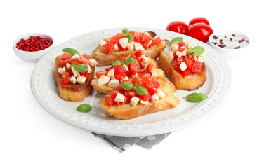 Tasty bruschettas with mozzarella cheese, tomatoes, basil and spices isolated on white