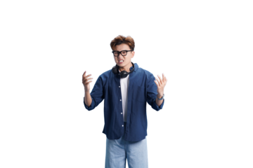 Frustrated and perplexed: A young man, adorned with glasses and a headset, embodies bewilderment, gesturing with his hands as if grappling with confusion.