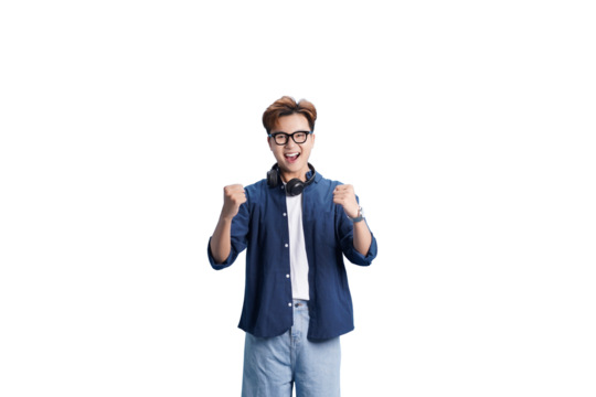 Joyful Expression: A cheerful individual radiates happiness and excitement, dressed in casual attire, with a pair of headphones gracefully draped around their neck.