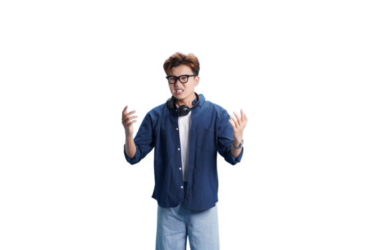 Frustrated and perplexed: A young man, adorned with glasses and a headset, embodies bewilderment, gesturing with his hands as if grappling with confusion.