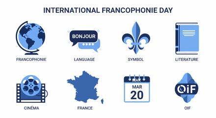 Eight blue icons illustrating International Francophonie Day elements © Agung