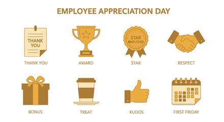 An infographic titled EMPLOYEE APPRECIATION DAY with eight icons