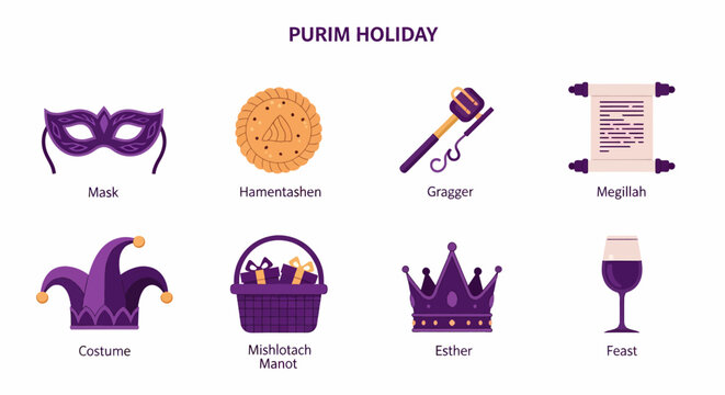 Eight icons illustrating items related to the Purim holiday in purple and orange hues
