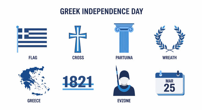 Eight icons related to Greek Independence Day flag cross column wreath map year soldier and calendar - Powered by Adobe