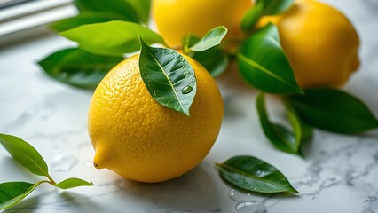 Fresh lemon with green leaves on marble, highlighted by natural light and water droplets for a crisp aesthetic.