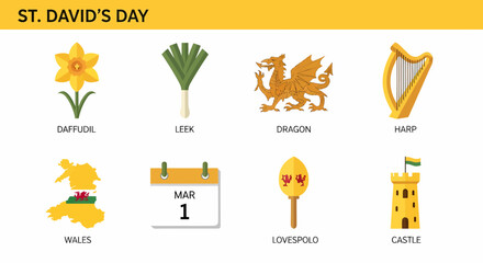 Eight icons related to St Davids Day daffodil leek dragon harp map calendar Lovespolo and castle