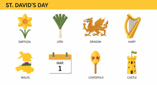 Eight icons related to St Davids Day daffodil leek dragon harp map calendar Lovespolo and castle