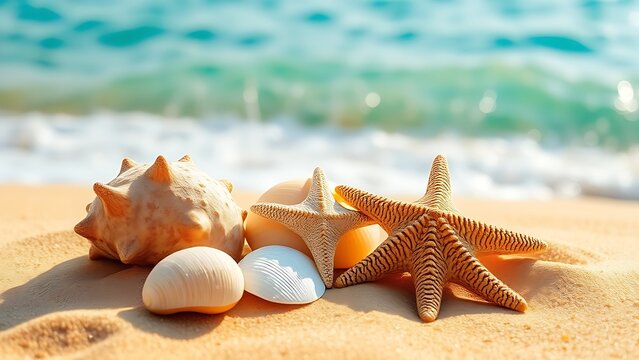 Seashells and starfish on sand, evoking tranquility of a tropical beach.