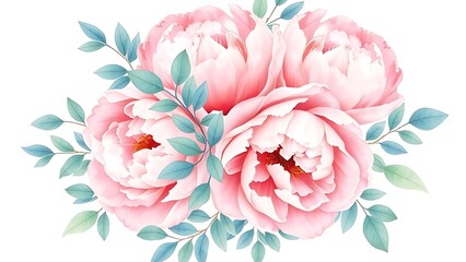 A delicate watercolor illustration of pink peonies and eucalyptus leaves, showcasing botanical beauty.