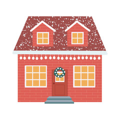 Christmas Brick House Vector Illustration. The roof is covered with snow. A Christmas wreath is on the door.