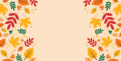A warm autumn background with borders of vibrant fall leaves (maple, oak, and shamrock) in red, yellow, orange, and green, set against a light beige backdrop, providing extensive negative space for te