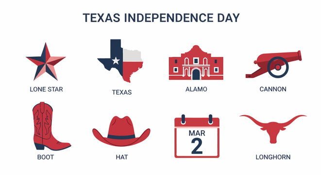 Texas Independence Day icons Lone Star map Alamo cannon boot hat calendar longhorn
