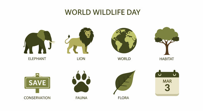 World Wildlife Day graphic showing icons for elephant lion world habitat conservation fauna flora and March 3rd - Powered by Adobe