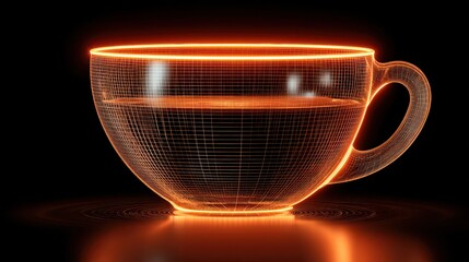 A vibrant glowing orange wireframe model of a cup with liquid on dark backdrop.