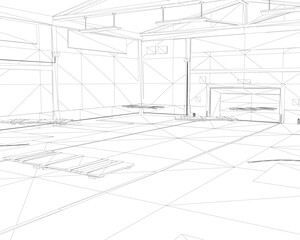 A detailed black and white wireframe drawing of a warehouse interior, showing containers and furniture arranged neatly within a floor plan.