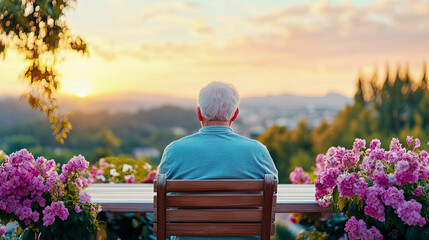 Obraz premium Elderly person sits peacefully, observing magnificent sunset over panoramic landscape, with vibrant pink flowers framing serene golden hour view.