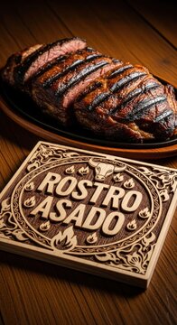Dish of Rostro Asado with Char Marks &ndash; Quina Wood Plaque, Beef Head & Fire Ember Motifs